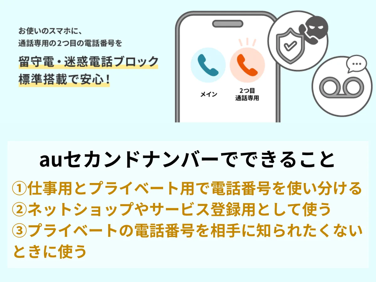 auセカンドナンバーでできること。①仕事用とプライベート用で電話番号を使い分ける ②ネットショップやサービス登録用として使う ③プライベートの電話番号を相手に知られたくないときに使う