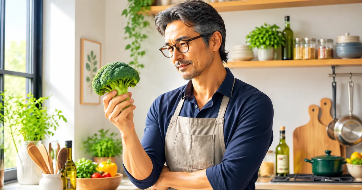 キッチンでエプロン姿の男性がブロッコリーを手に持ち、じっと見つめている写真