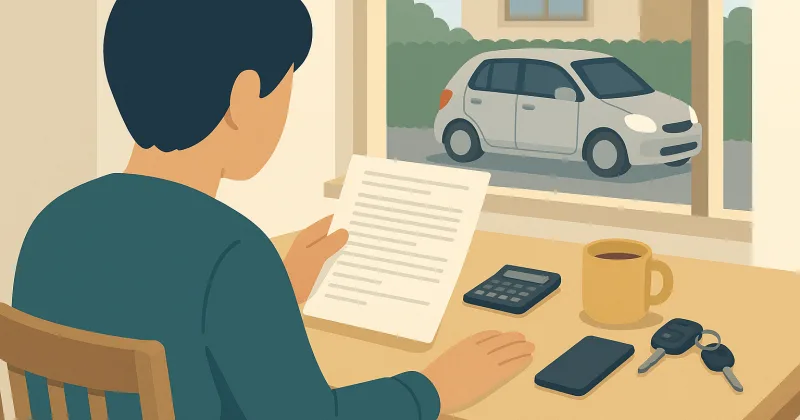 自宅のテーブルで自動車保険の更新案内を見ながら、電卓とスマートフォンで保険料を確かめる人のイラスト