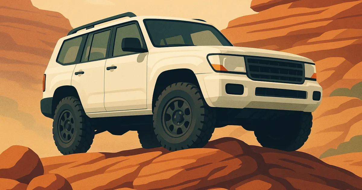 岩場の露岩を乗り越える白い本格クロカン4WD SUVのイラスト