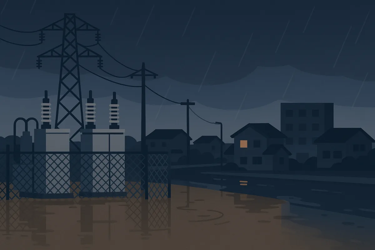 記録的な大雨で水に浸かった変電施設と、明かりが消えた住宅街を描いた平面イラスト。手前には停電に備えたLEDランタンとポータブル電源が置かれている