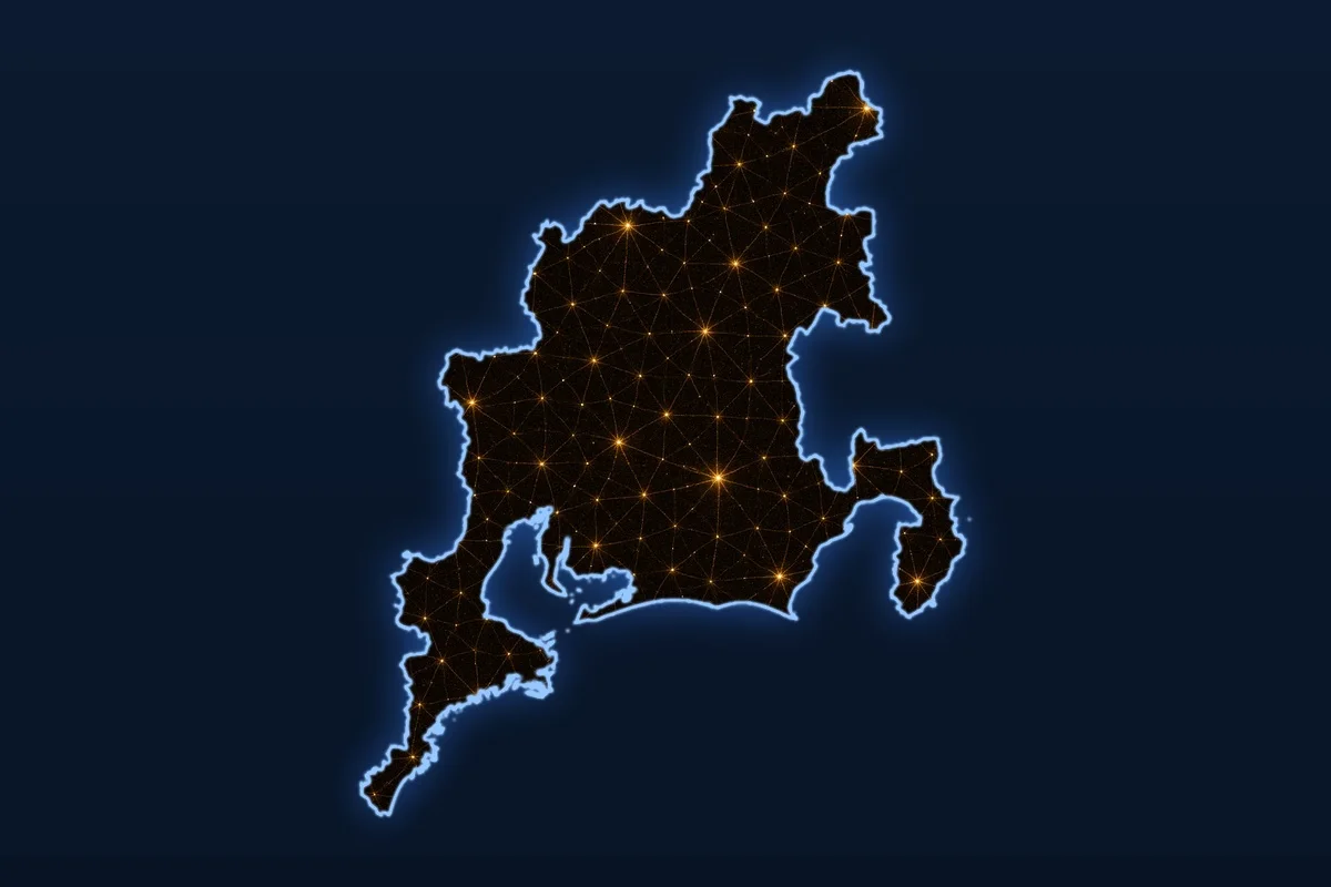 中部エリア5県（愛知・岐阜・三重・長野・静岡）の形に夜景の灯りを重ねた地図イメージ
