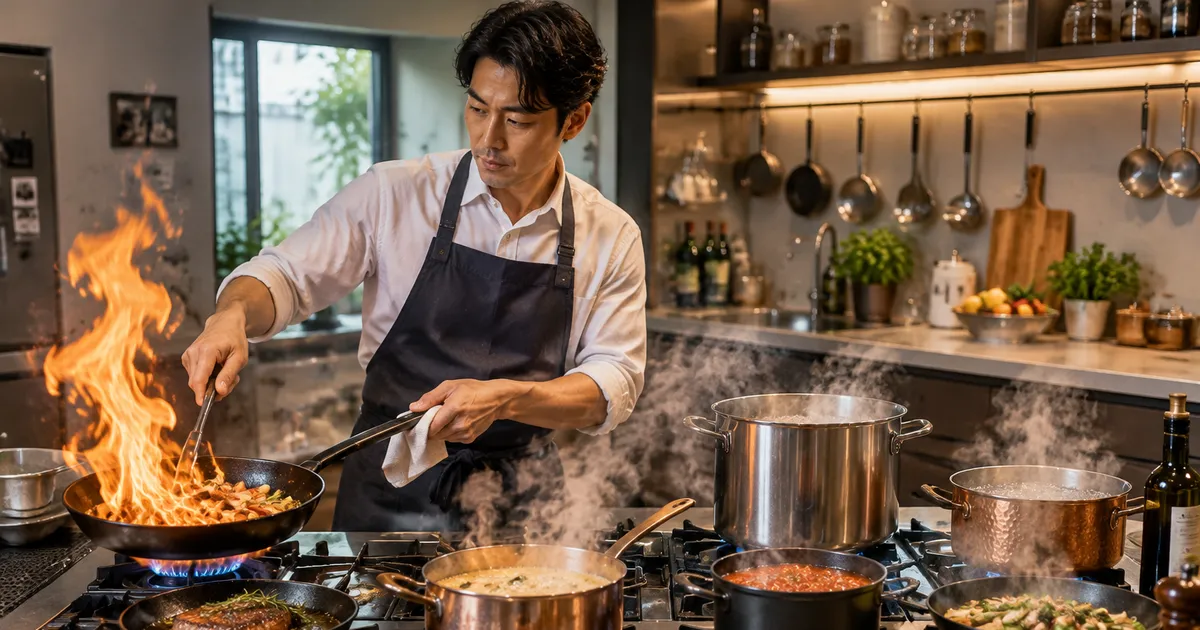 飲食店の厨房で、料理人がガスコンロの強火でフライパンを振り、隣の鍋からも湯気が立っている様子