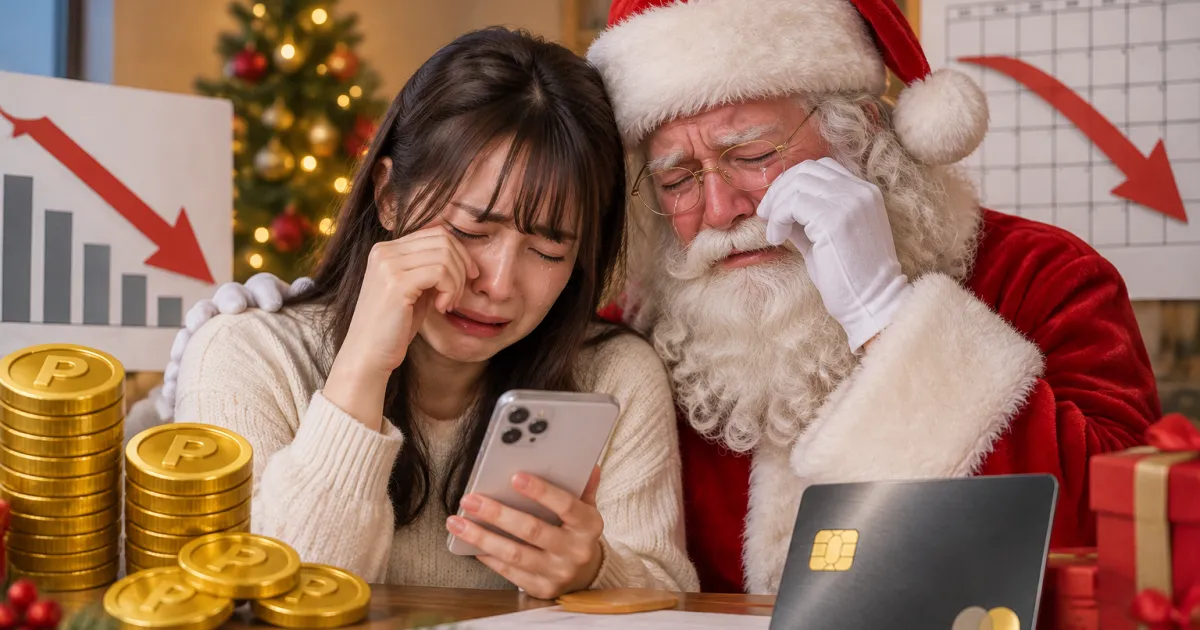 12月のカレンダーと下向きの矢印、クリスマスツリーを背景に、スマホを見て泣く女性とサンタクロース。手前にはdポイントを思わせる金色のPのコインとクレジットカードが置かれている