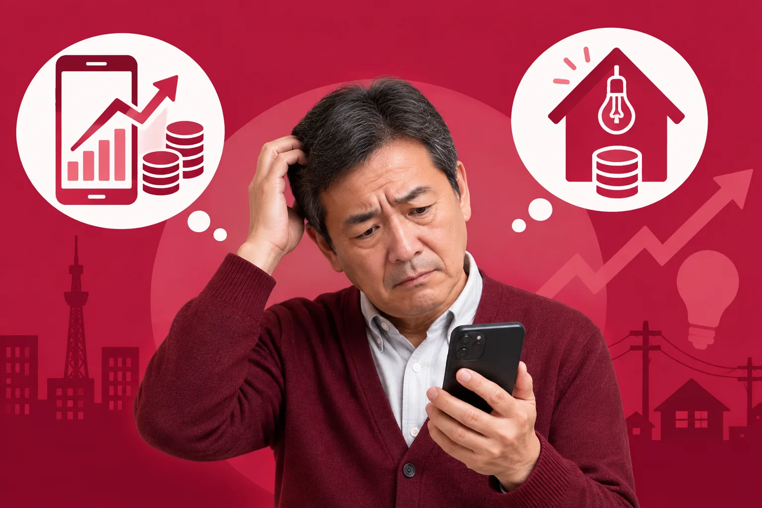 赤い背景の前で、スマートフォンを見ながら頭をかいて困った表情を浮かべる中年男性。左の吹き出しには値上がりを示すグラフとスマホと硬貨、右の吹き出しには電球の付いた家と硬貨が描かれている