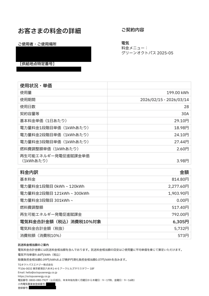 電気料金請求書の料金内訳ページ（契約者情報は黒塗りで加工済み）