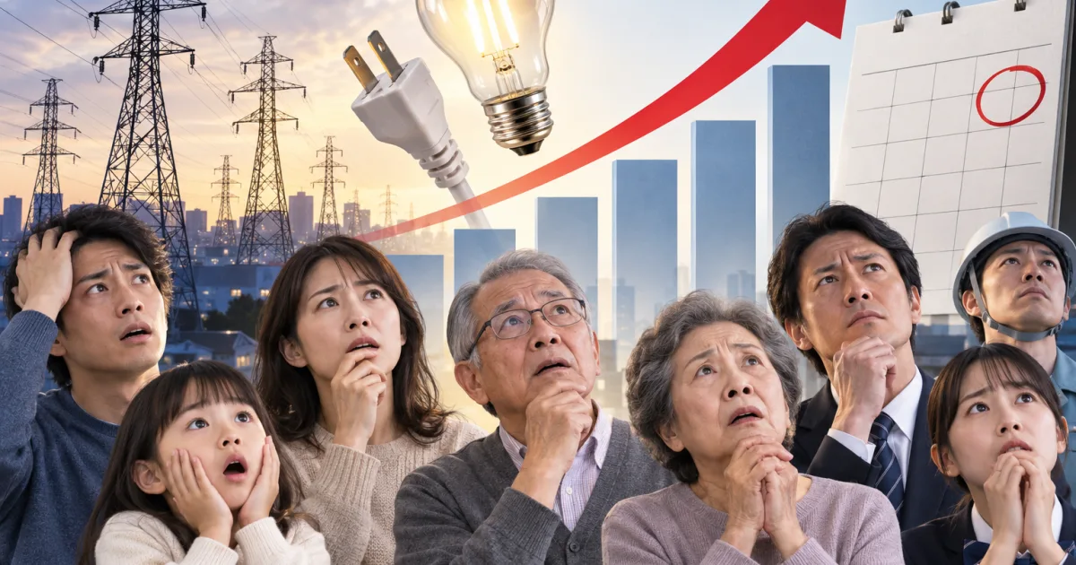 送電鉄塔と右肩上がりの赤い矢印、丸印のついたカレンダーを背に、不安そうに見上げる家族や会社員たち