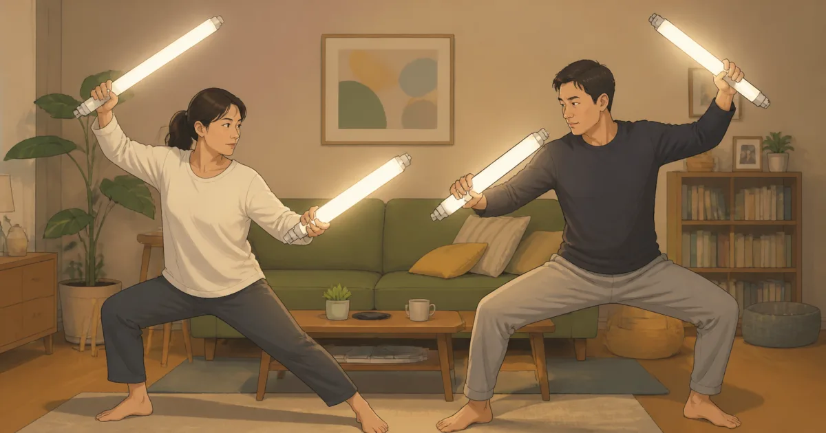 リビングで2人の人物が直管形の蛍光灯ランプを剣のように構えて向かい合っているイラスト