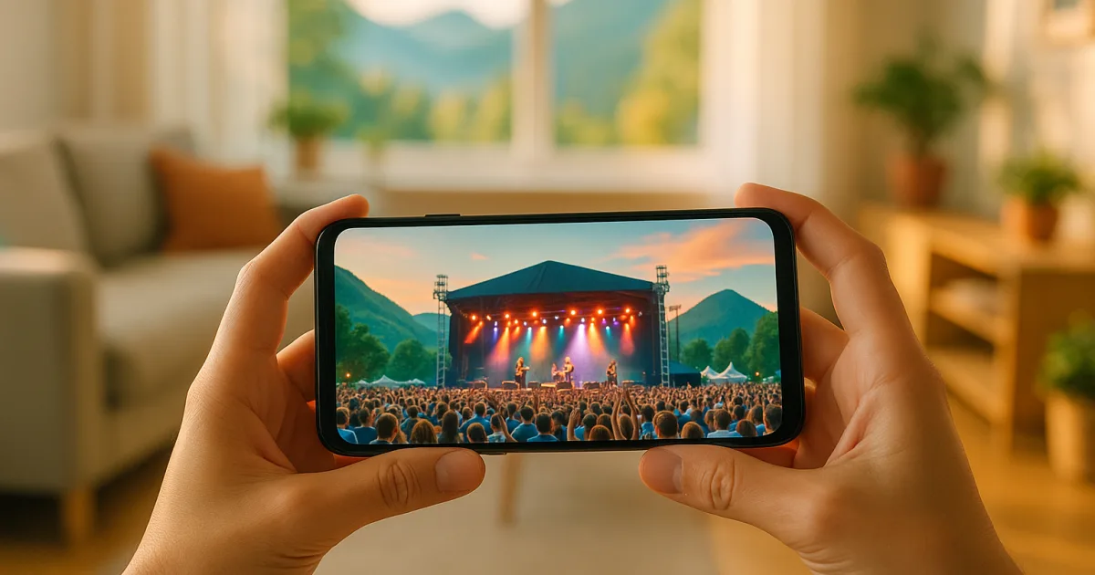 夏の野外音楽フェスをスマホのライブ配信で自宅から楽しむイメージ