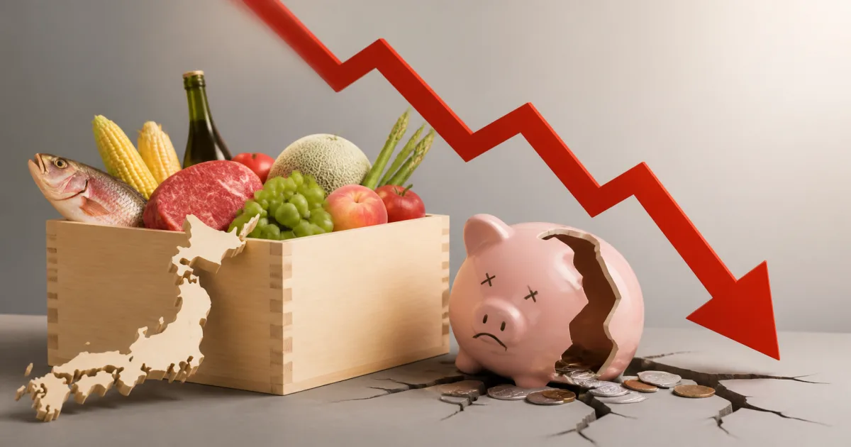 値下がりを示す赤い矢印と、割れて中身がこぼれた貯金箱、日本の返礼品が入った木箱