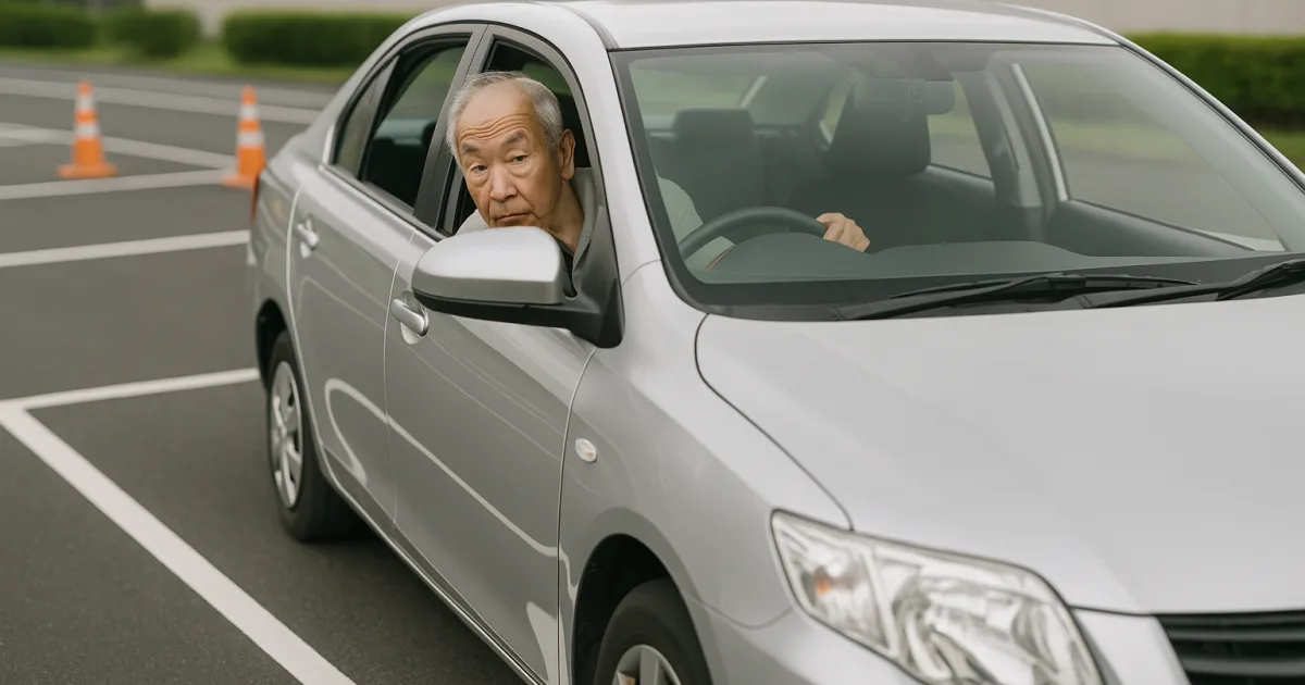 自動車教習所のコースで、運転席の窓から後方を確認しながら車をバックさせる高齢のドライバー