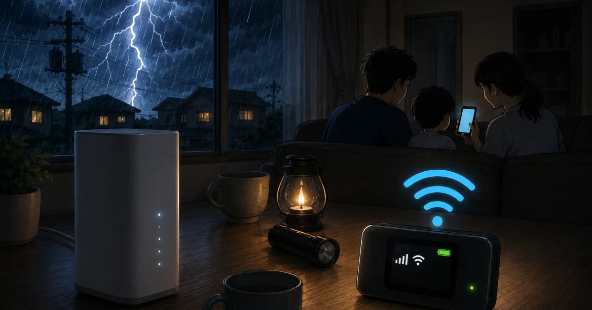 落雷と豪雨の夜に停電した自宅のリビング。ランタンと懐中電灯の灯りの中、コンセント式のホームルーターの隣でバッテリー内蔵のポケットWiFiがWi-Fiを飛ばし、家族がスマホを使っている様子