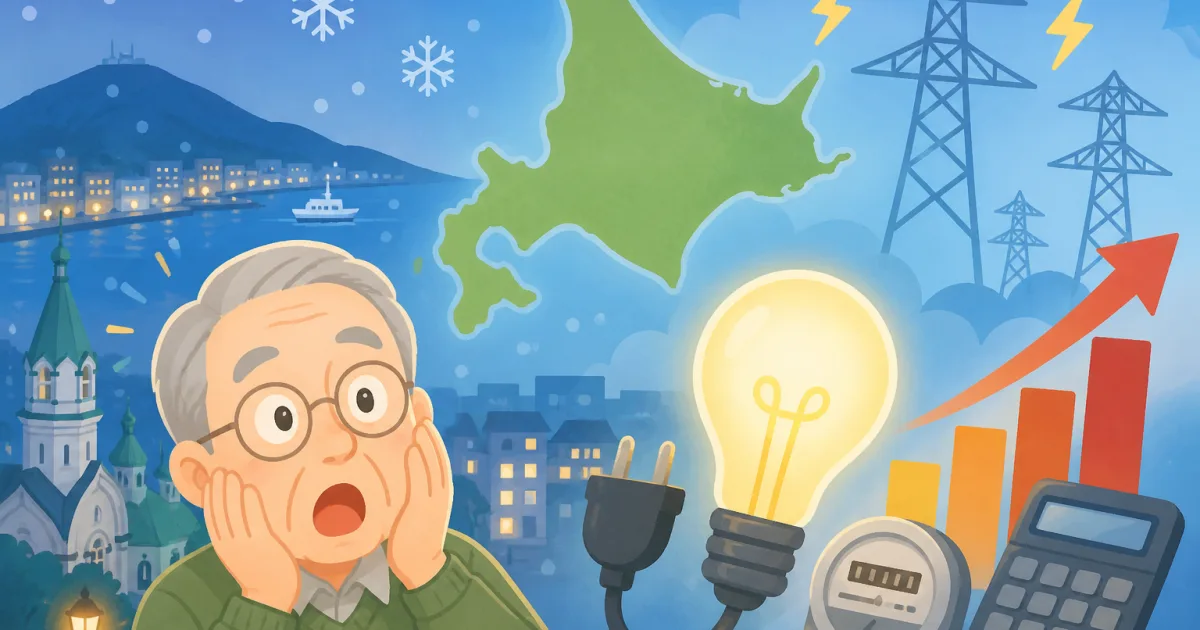 雪の降る函館の夜景と北海道の地図、電卓や電力メーター、上昇する電気料金のグラフに驚く高齢男性のイラスト
