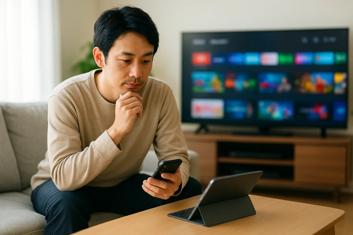 自宅のソファでスマートフォンを手に動画配信サービスの料金を見比べる様子