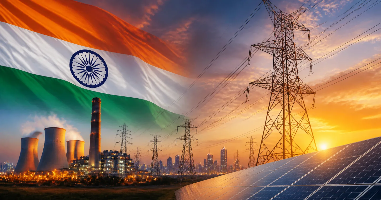 夕暮れのインドを背景に、インド国旗、冷却塔と煙突が並ぶ火力発電所、送電鉄塔の列、太陽光パネル、遠くに高層ビル群を合成したイメージ画像