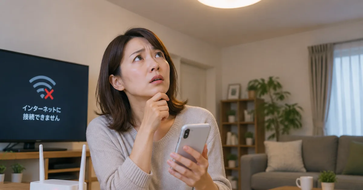 テレビに「インターネットに接続できません」と表示され、Wi-Fiルーターの前でスマートフォンを手に困った表情を浮かべる女性。部屋のシーリングライトは点いたままで、電気は使えている様子