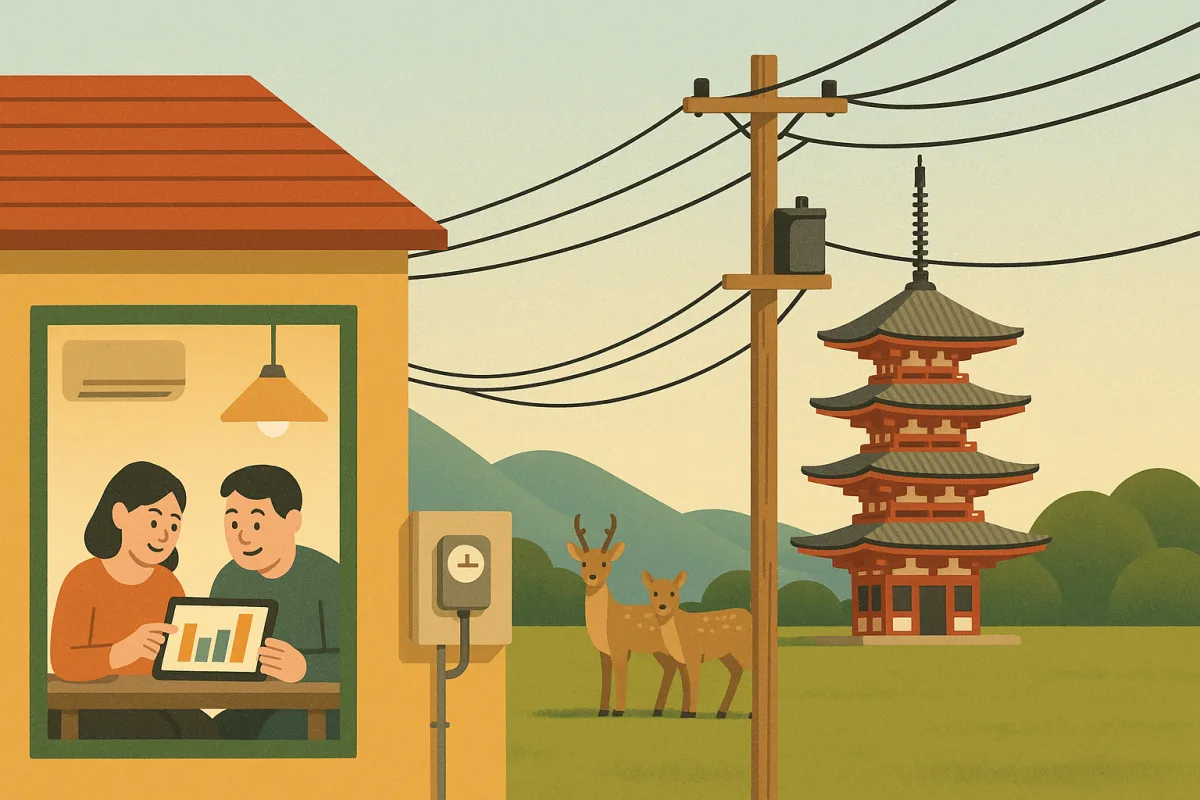 鹿と五重塔が見える奈良の住宅で、電柱と電気メーターのそばに暮らす夫婦がタブレットで電気の使用量を確認するイメージ