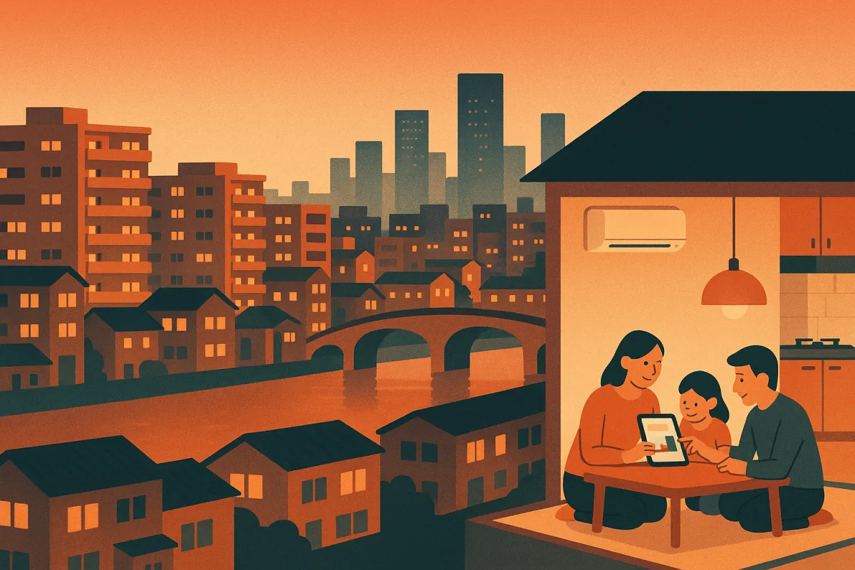夕暮れの大阪の街並みを背景に、家族がタブレットで電力会社の電気料金を比較するイメージ