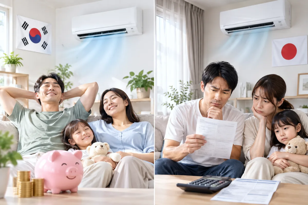 左右に並べた2つのリビング。左は韓国の国旗が掛かった部屋でエアコンをつけたままくつろぐ家族と貯金箱、右は日本の国旗が掛かった部屋で電気料金の請求書と電卓を前に困った表情を浮かべる家族
