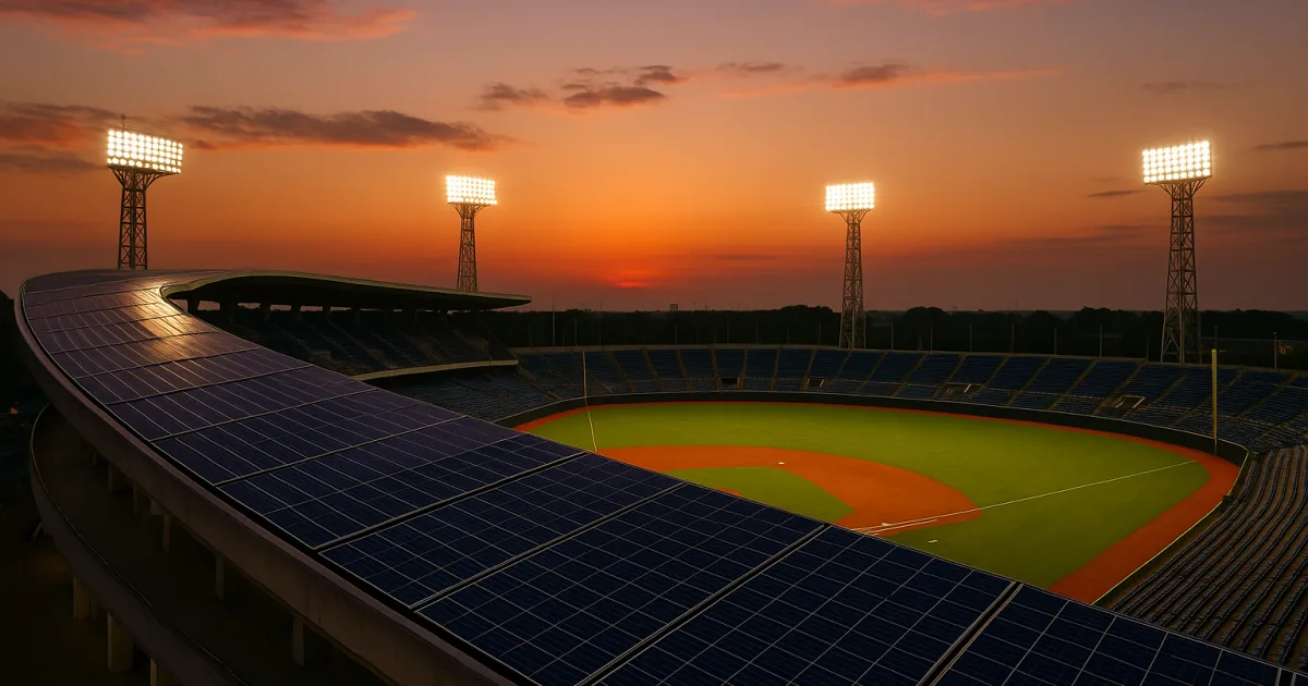 夕暮れの野球場。大屋根の上に並ぶ太陽光パネルと、点灯しはじめた大型のナイター照明塔が見える