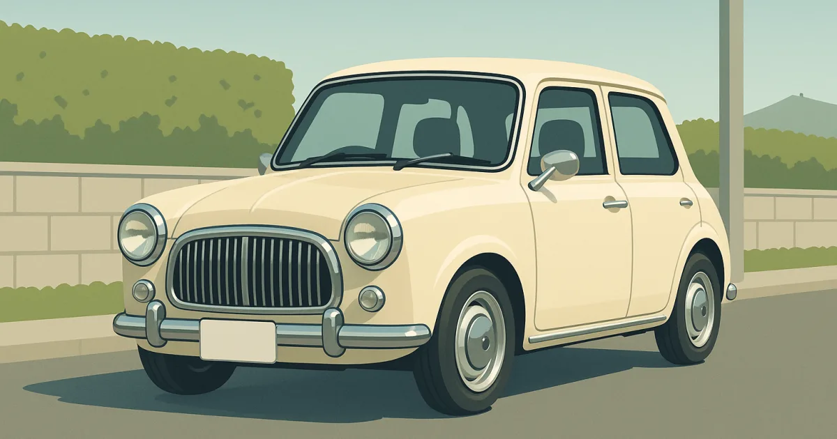 クラシック調の丸目フロントグリルを備えたレトロスタイルの小型乗用車のイラスト