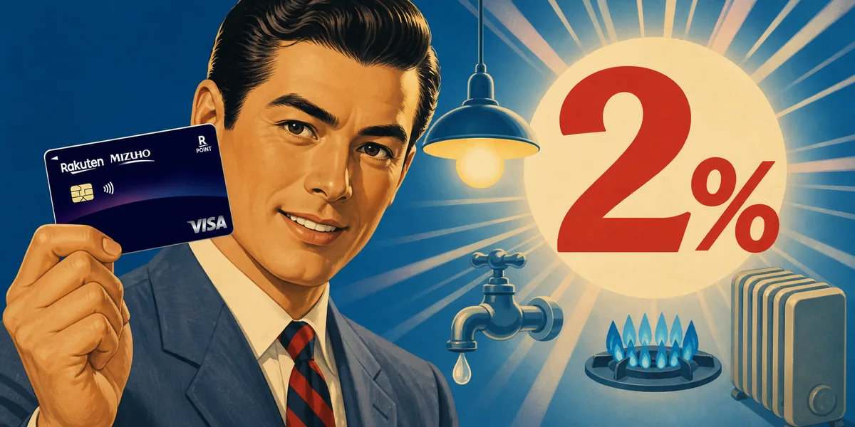 レトロな広告風のイラスト。スーツ姿の男性がクレジットカードを手に持ち、その隣に大きな「2%」の文字と、電球・水道の蛇口・ガスコンロの青い炎・暖房用ラジエーターが描かれている