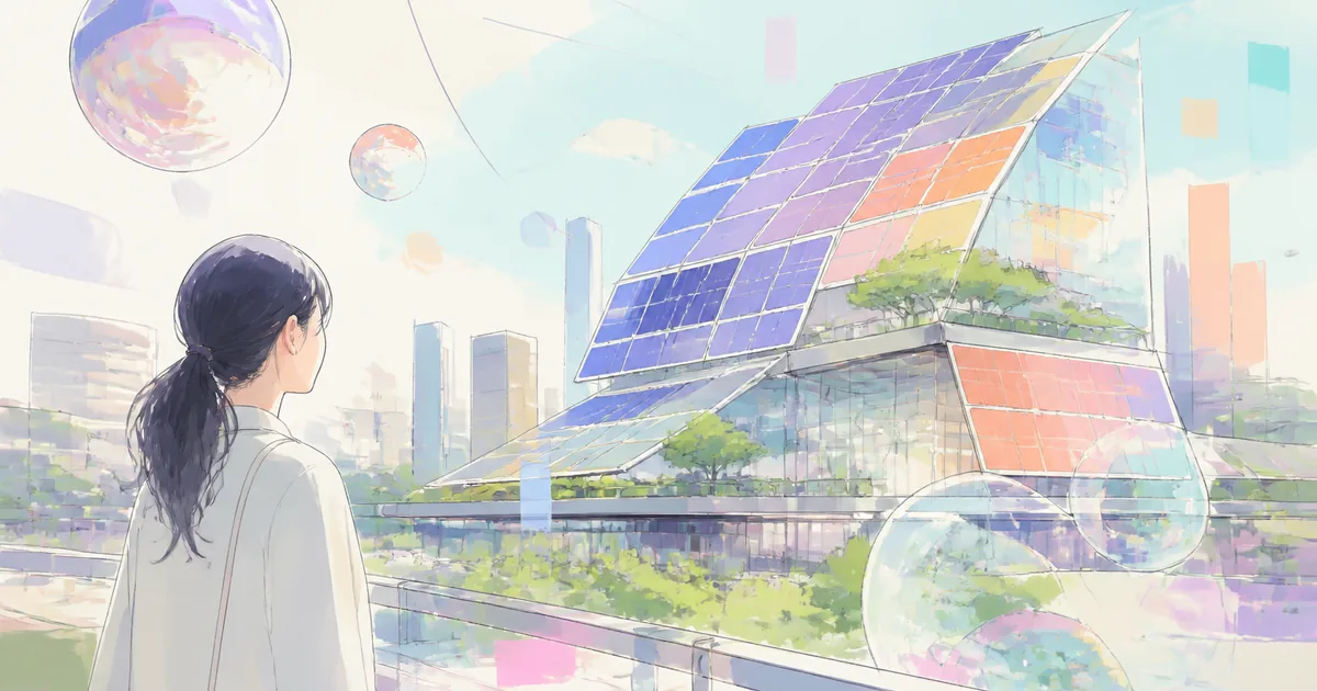 ペロブスカイト太陽電池を搭載した近未来的な建物を見つめる女性のイメージイラスト