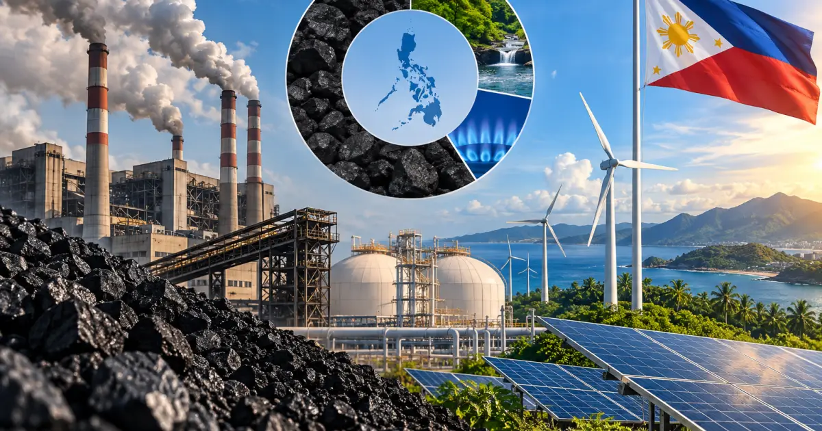 フィリピンの電源構成をあらわす写真コラージュ。左に石炭の山と煙を上げる石炭火力発電所、中央にLNGタンクと、フィリピンの地図・石炭・森と滝・青いガスの炎を組み合わせた円グラフ状の図、右に風力発電の風車、太陽光パネル、海と島々を背景にはためくフィリピン国旗