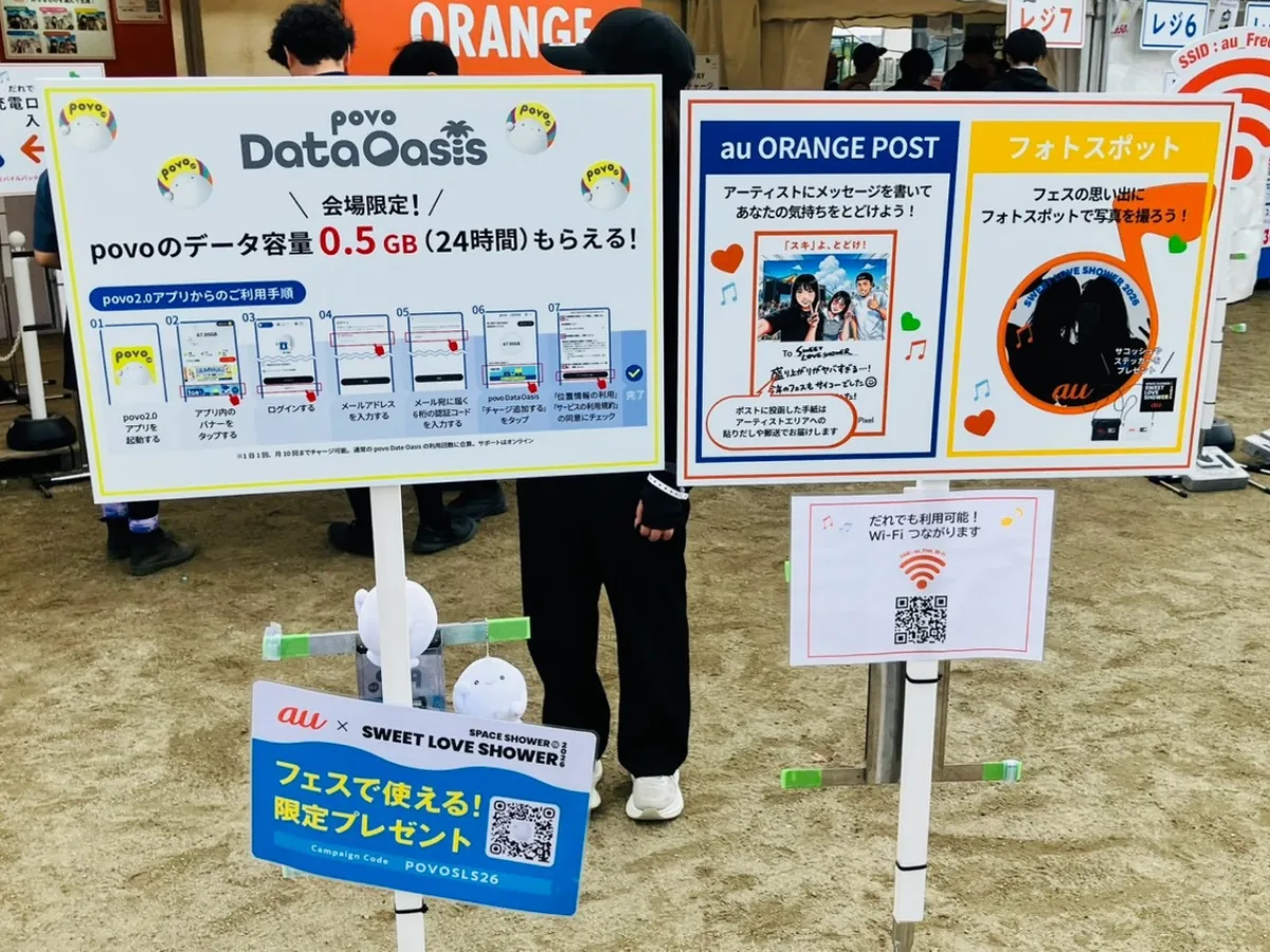 auブース前に立てられたpovo Data Oasisの案内ボード。「会場限定！povoのデータ容量0.5GB（24時間）もらえる！」の表示とpovo2.0アプリの利用手順が並ぶ