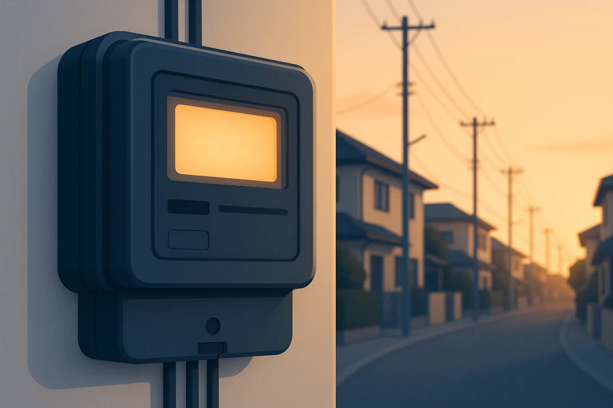住宅の壁に設置された電気のスマートメーターと、夕暮れの日本の住宅街に伸びる電線