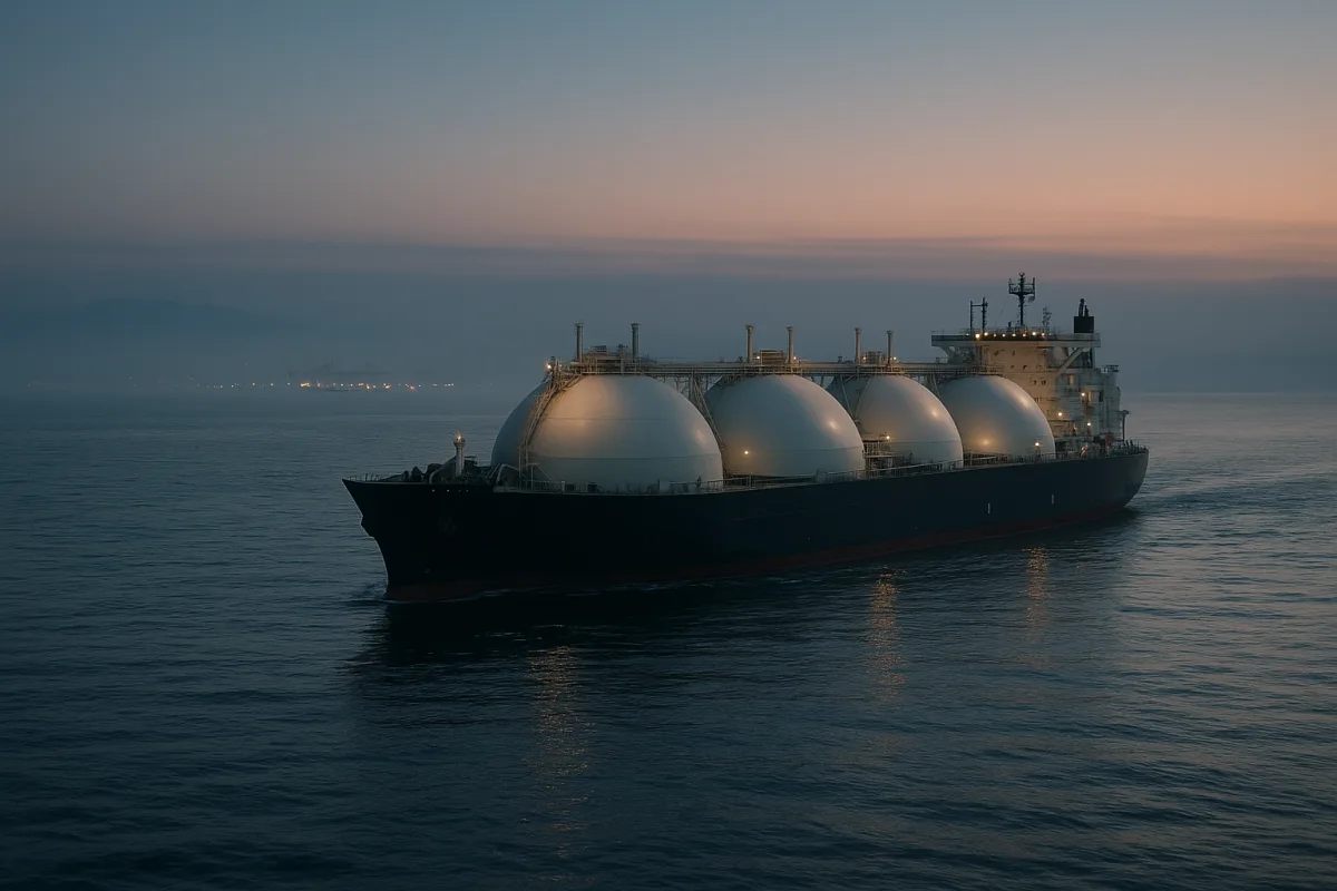 夕暮れの北の海を進むLNG（液化天然ガス）運搬船と、その先に見える日本の港湾都市の灯り