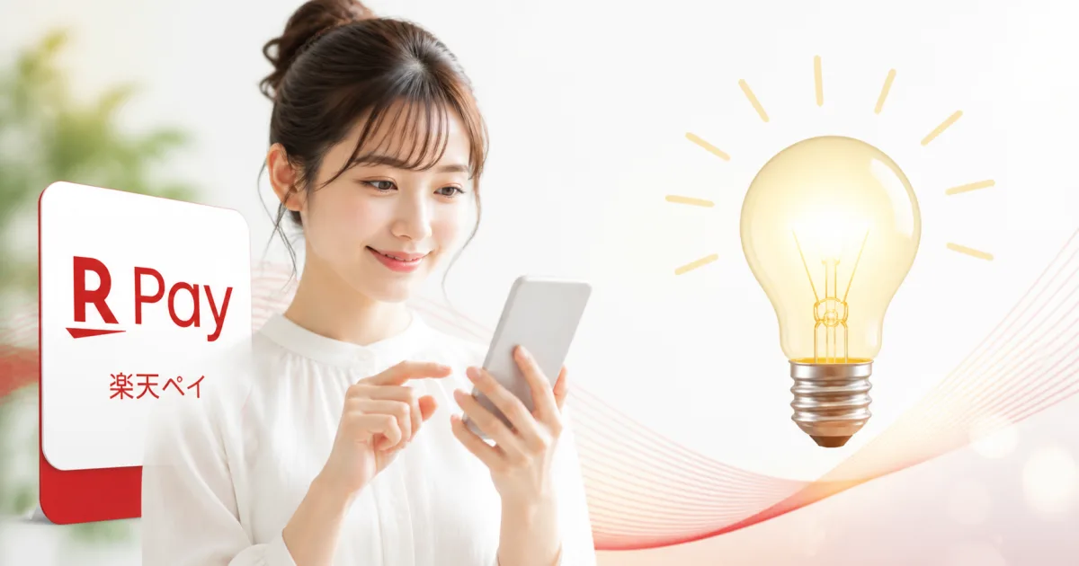 楽天ペイのアプリ画面を確認する女性と、楽天ペイのカード、電球のイラスト