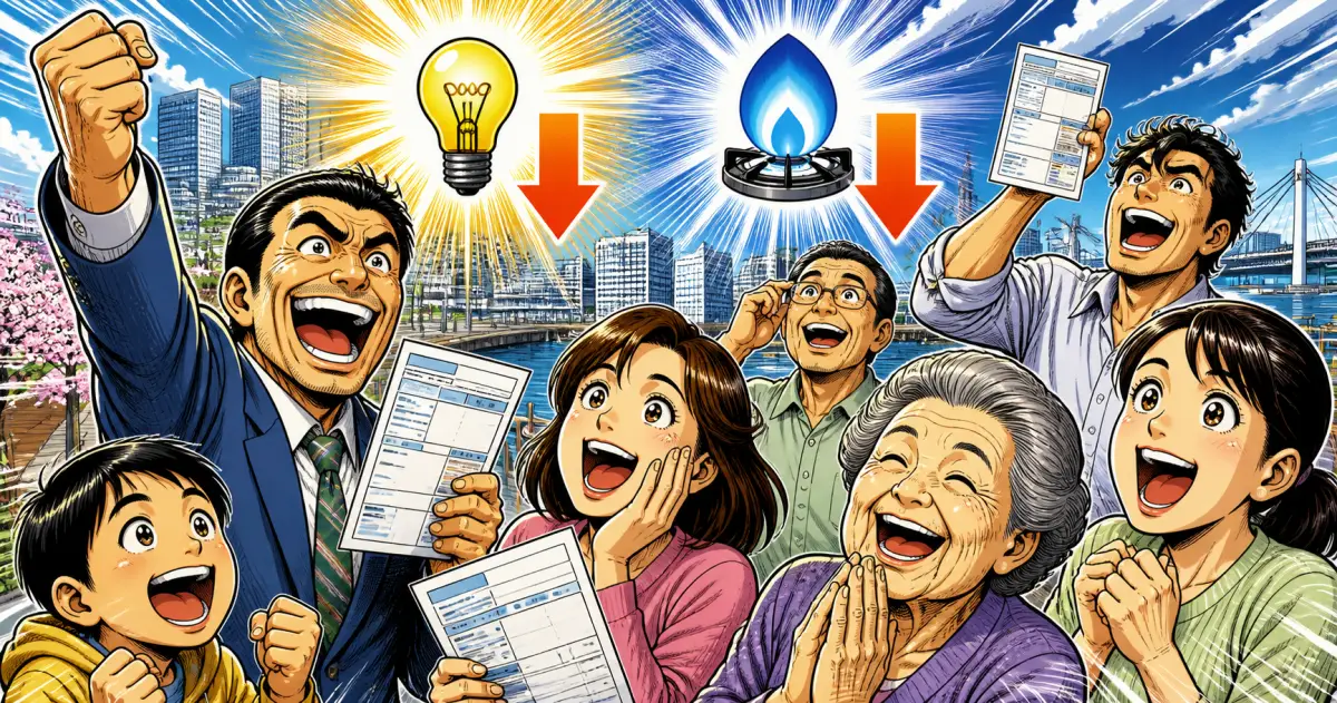 電気と都市ガスのアイコンに下向きの矢印が重なるなか、支援金の申請書を手に喜ぶ家族たちを描いた漫画風イラスト