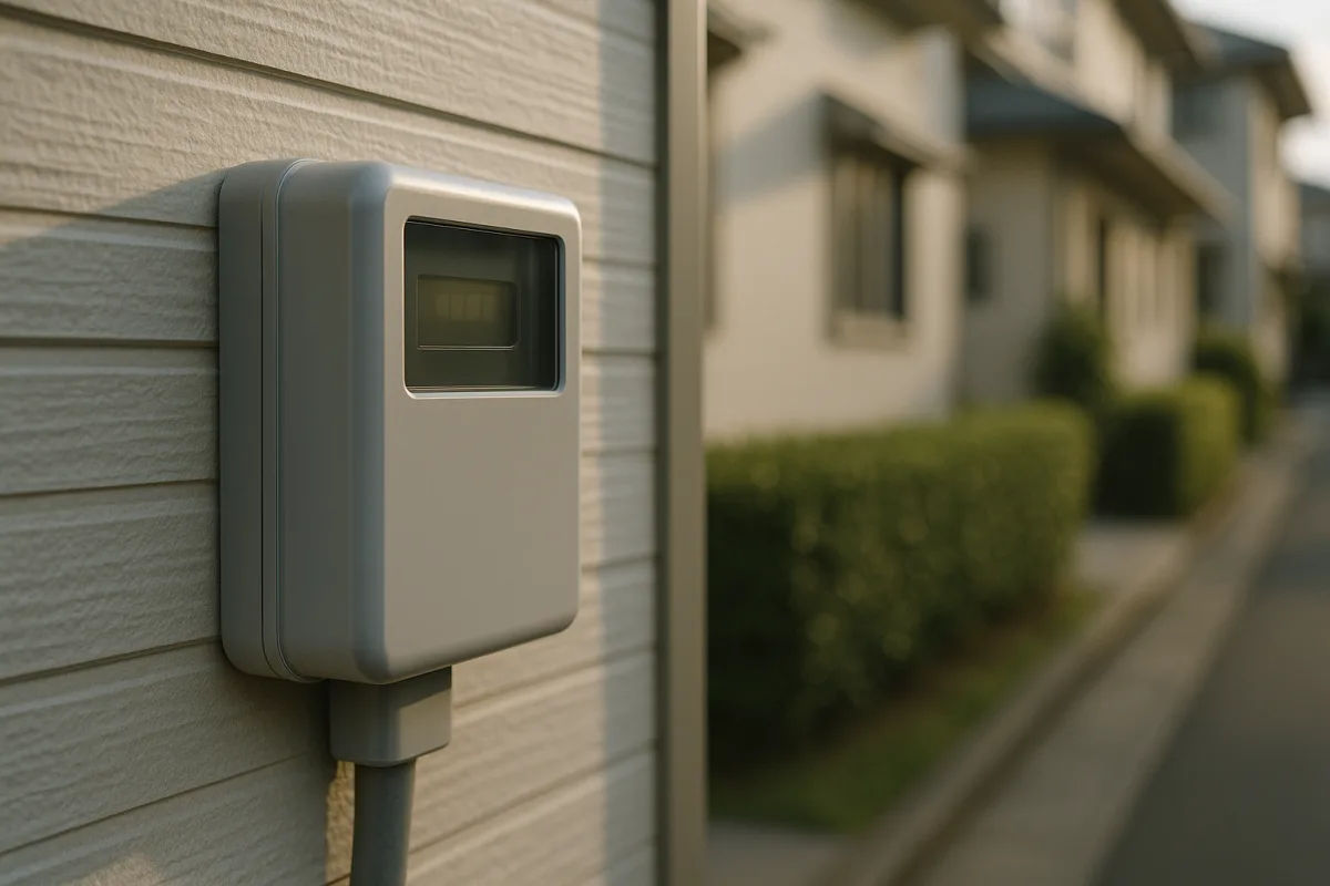日本の住宅の外壁に設置されたデジタル式のスマートメーター