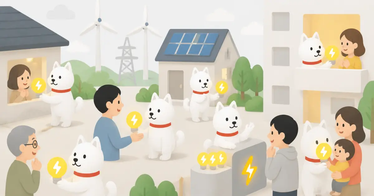 白い犬たちが電球を手渡す住宅街のイラスト。奥に風力発電の風車、送電鉄塔、屋根に太陽光パネルを載せた家、マンションのベランダで電球を受け取る家族が描かれている
