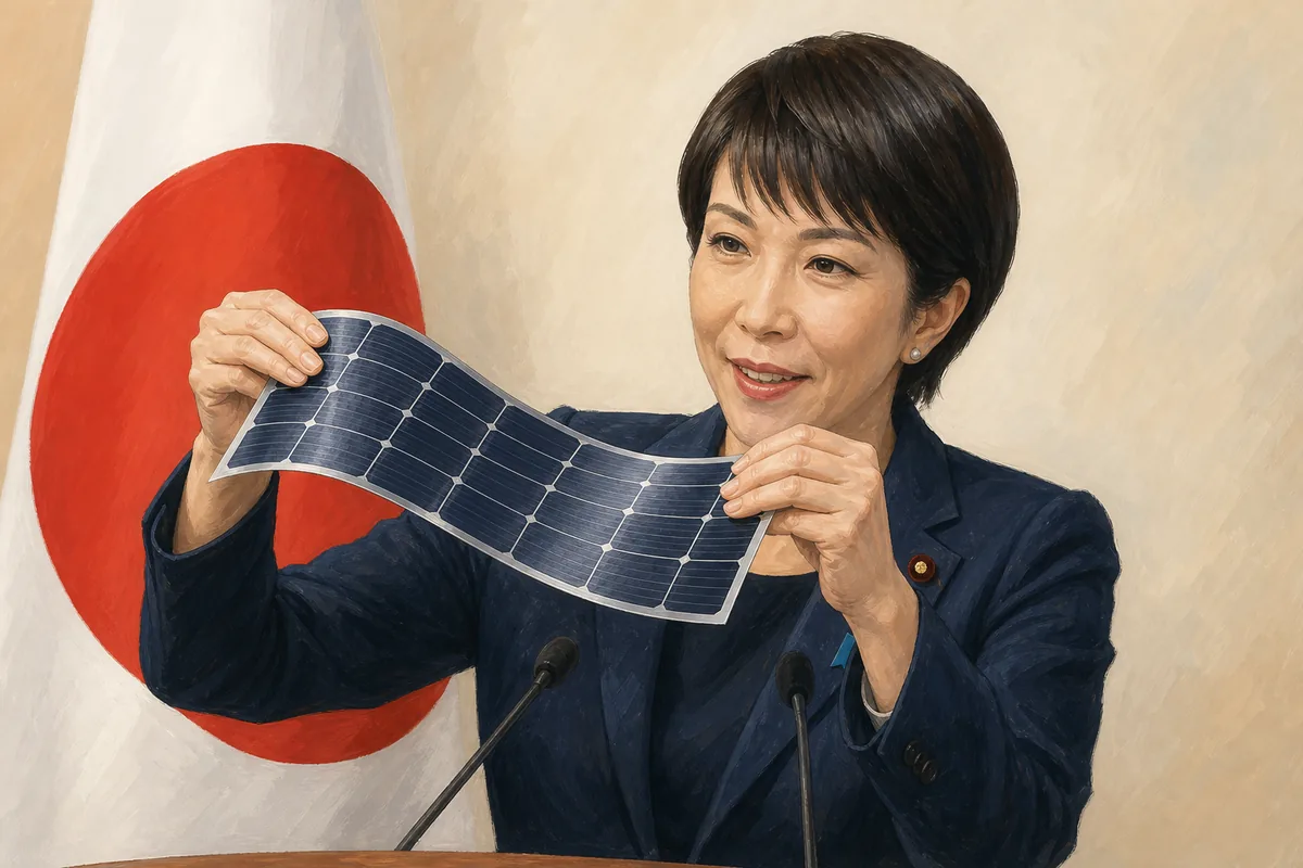 曲がるペロブスカイト太陽電池を掲げる高市首相のイメージイラスト