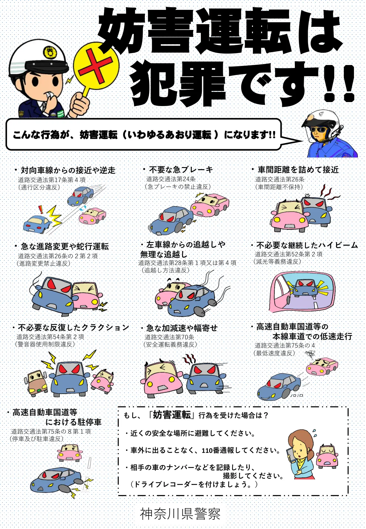 妨害運転（あおり運転）にあたる10類型の違反行為と根拠条文、および被害を受けた場合の対処を示した神奈川県警察のリーフレット1ページ目