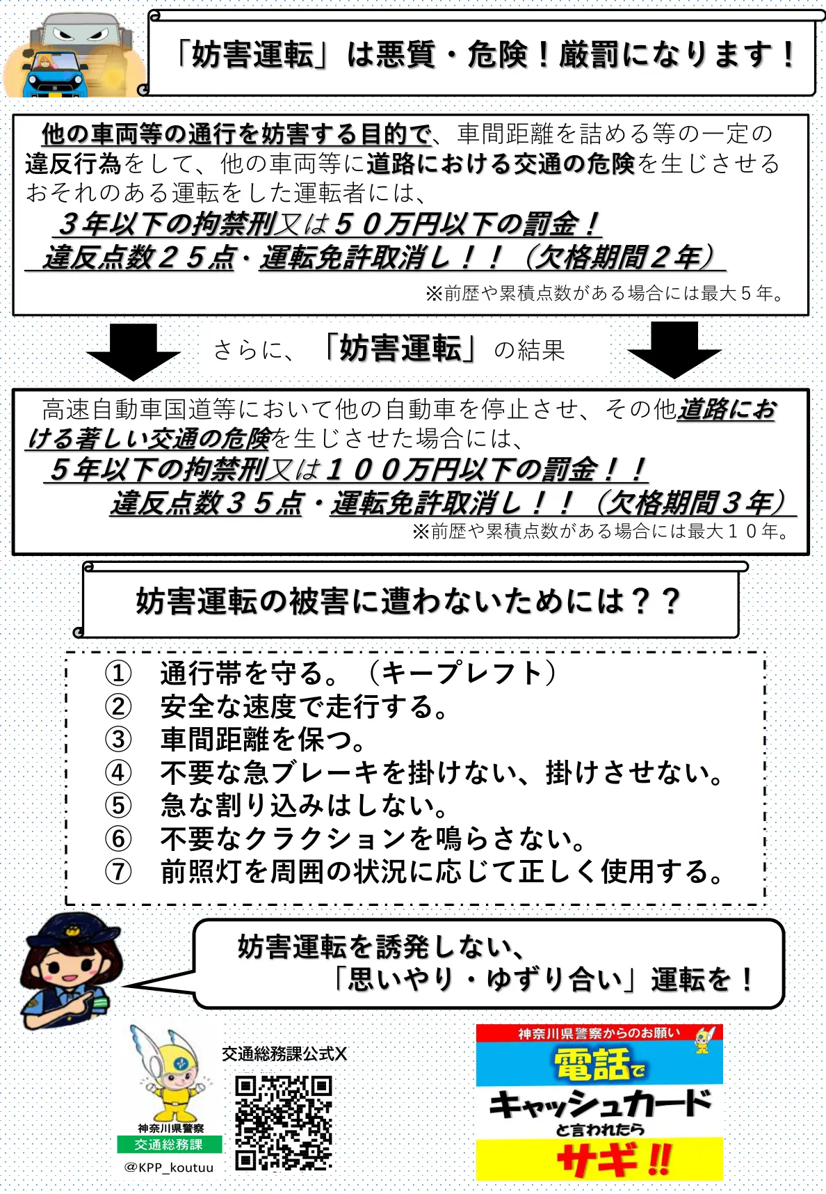 妨害運転罪の2段階の罰則と違反点数・欠格期間、および妨害運転の被害に遭わないための7項目を示した神奈川県警察のリーフレット2ページ目