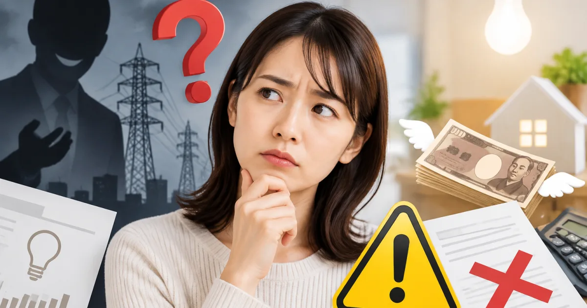 送電鉄塔や電気代の書類、注意マークを背景に、あごに手を当てて考え込む女性