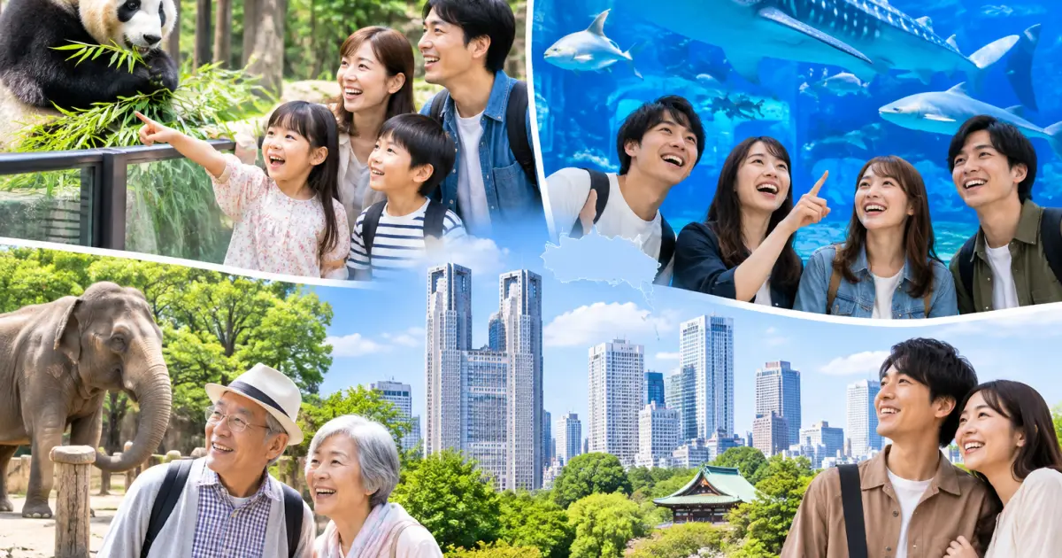 パンダやゾウを見て笑う家族や夫婦、ジンベエザメが泳ぐ水槽の前で楽しむ若者たち。中央には東京都庁と緑の庭園が広がっている