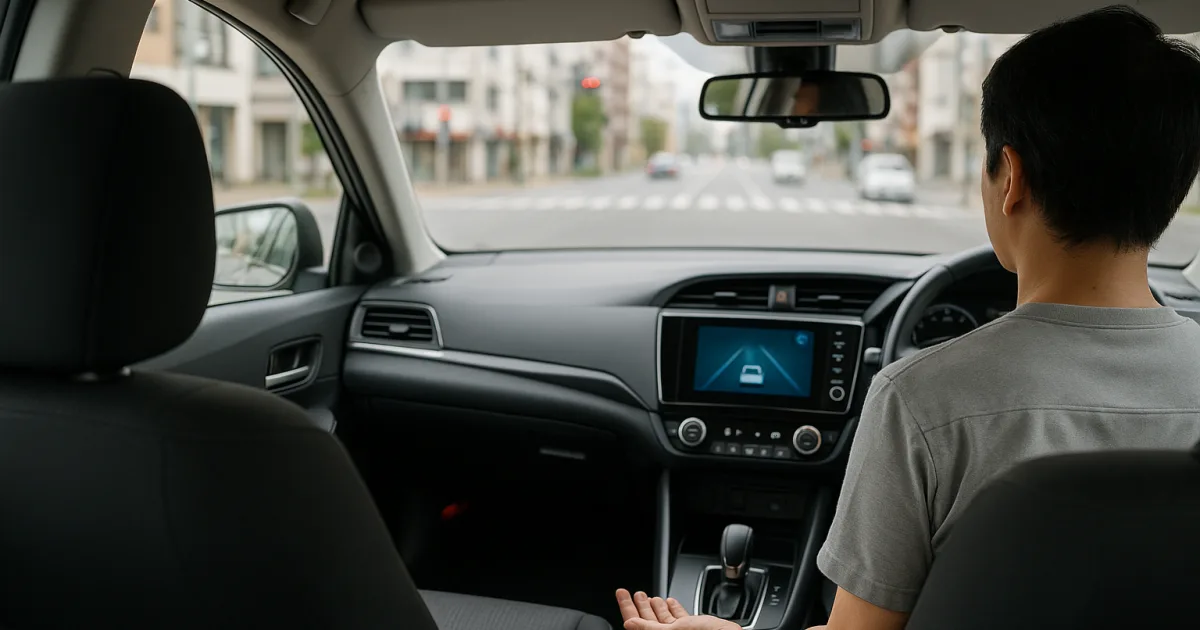 右ハンドル車の運転席でステアリングから手を離したドライバーと、車線を表示するディスプレイ、前方の市街地の交差点