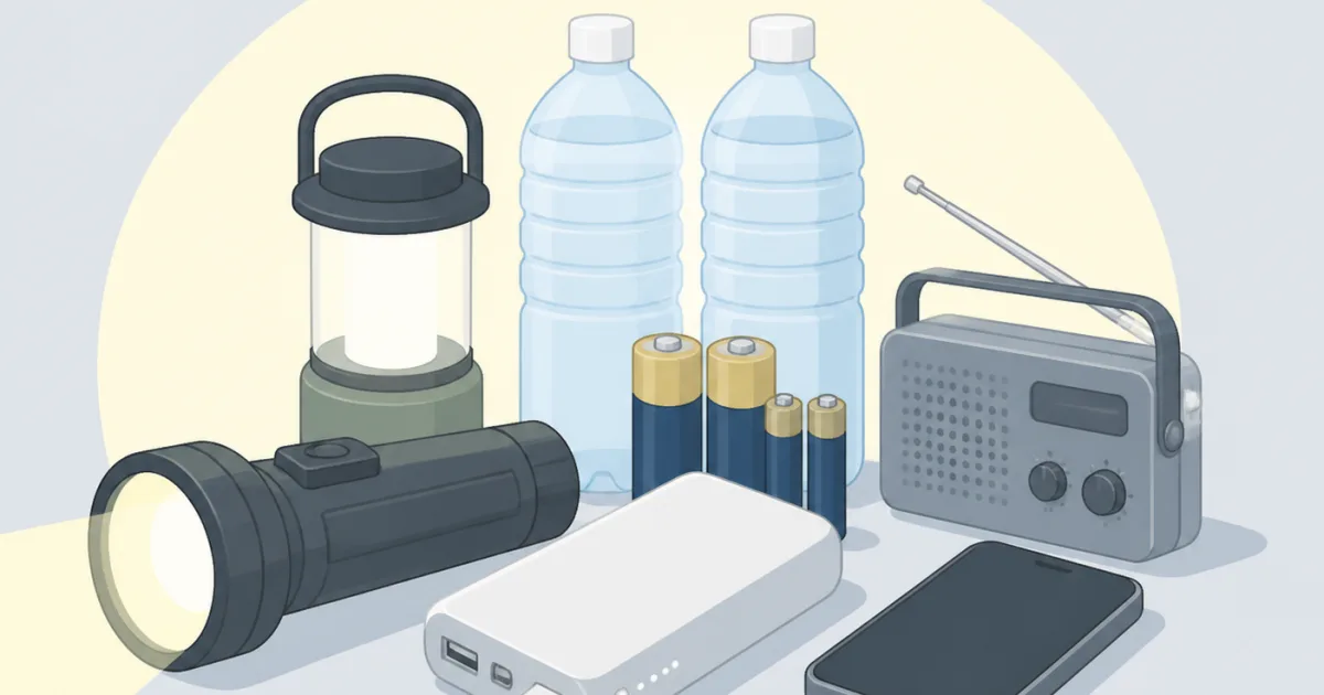 懐中電灯、ランタン、飲料水、乾電池、モバイルバッテリー、ラジオなど停電への備えとなる防災グッズのイラスト