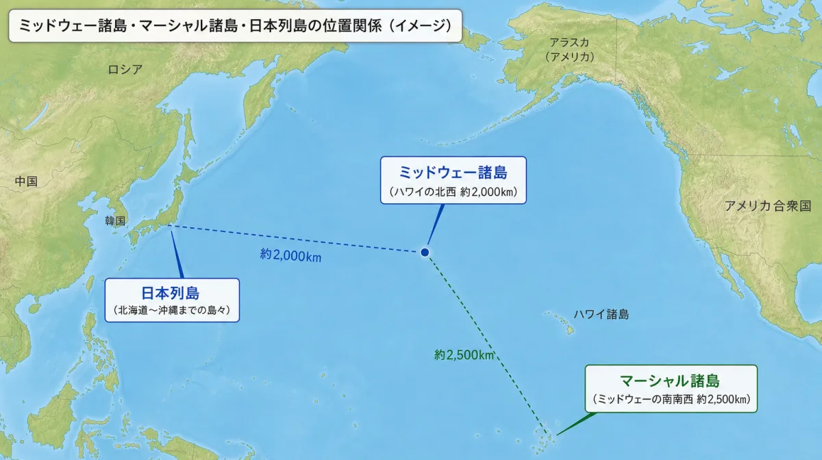 ミッドウェー諸島・マーシャル諸島・日本列島の位置関係を示す太平洋の地図イメージ。ミッドウェー諸島は日本の北東約2,000km、マーシャル諸島はミッドウェーの南南西約2,500kmに位置する