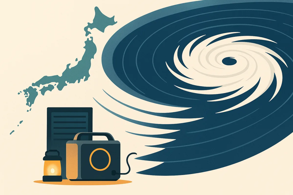 小笠原近海で発生した台風の渦と、そこから離れた北西に描かれた日本列島。手前には停電に備えたポータブル電源とLEDランタンが置かれた平面イラスト