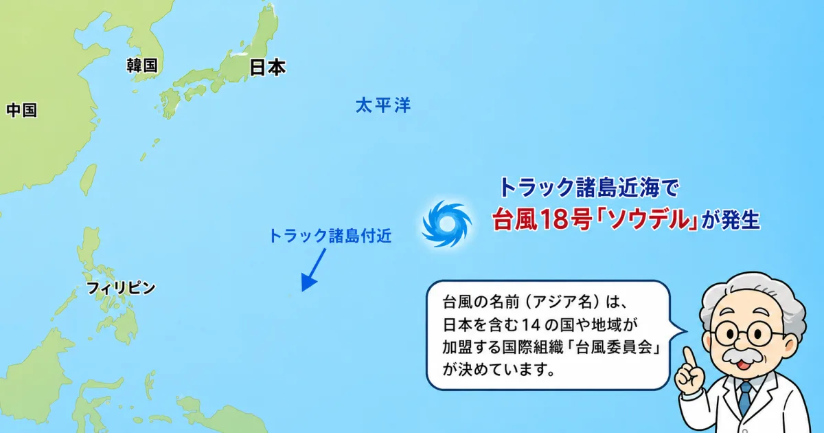 太平洋のトラック諸島付近で発生した台風18号「ソウデル」の渦と、はるか北西に離れた日本列島を示す地図イラスト。台風の名前の由来を説明する博士のキャラクターが描かれている