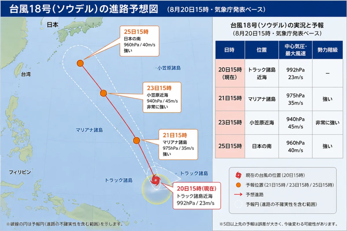 台風18号(ソウデル)の進路予想図と、8月20日15時時点の実況・予報をまとめた表(トラック諸島近海から小笠原近海、日本の南への進路と中心気圧・最大風速・勢力階級)