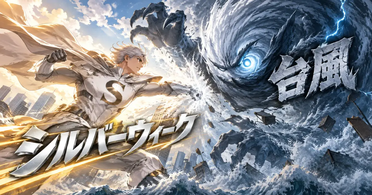 シルバーウィークと台風25号の対決を描いたイラスト。左に「シルバーウィーク」の文字と白いマントの銀色のヒーロー、右に「台風」の文字と青く光る目をもつ渦巻き状の台風の怪物