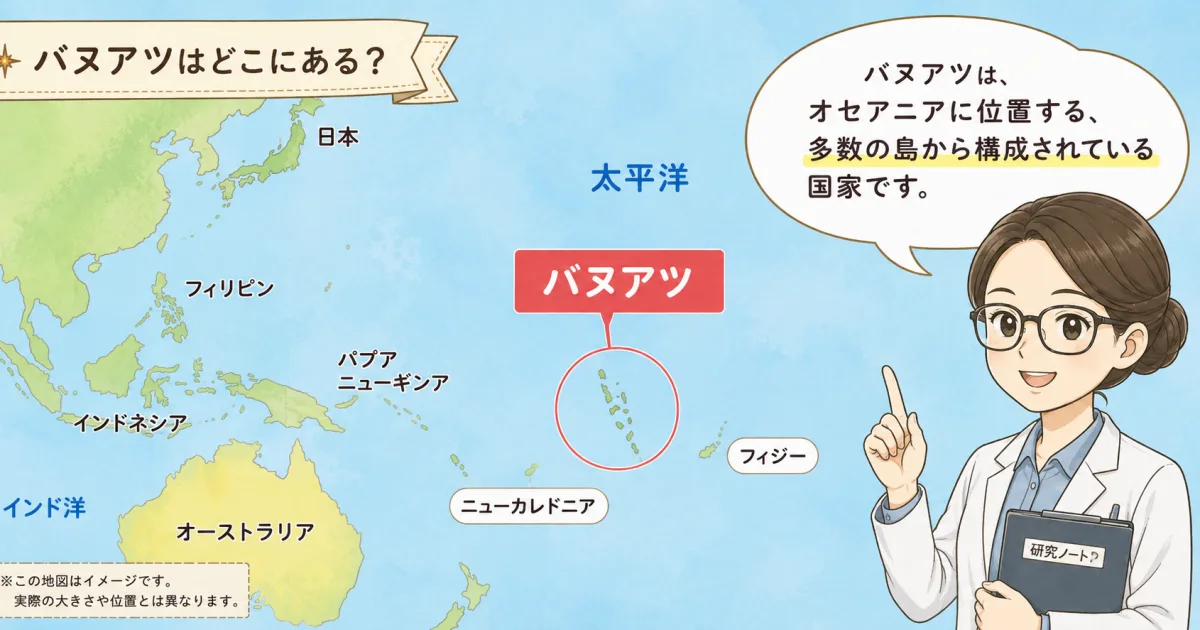 世界地図上でバヌアツの位置を示すイラスト。研究員のキャラクターが「バヌアツはオセアニアに位置する、多数の島から構成されている国家です」と解説している