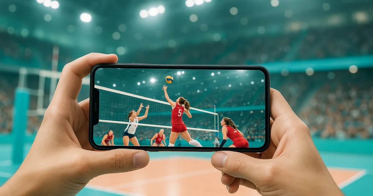 女子バレーボールの試合をスマホでライブ配信で観戦するイメージ