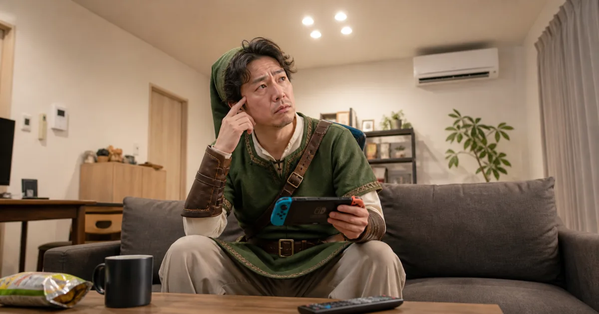 緑の装束と三角帽子を身につけた男性が、夜のリビングのソファでゲーム機を手に持ち、天井のエアコンを見上げて考え込んでいる。テーブルにはマグカップとスナック菓子、テレビのリモコンが置かれている